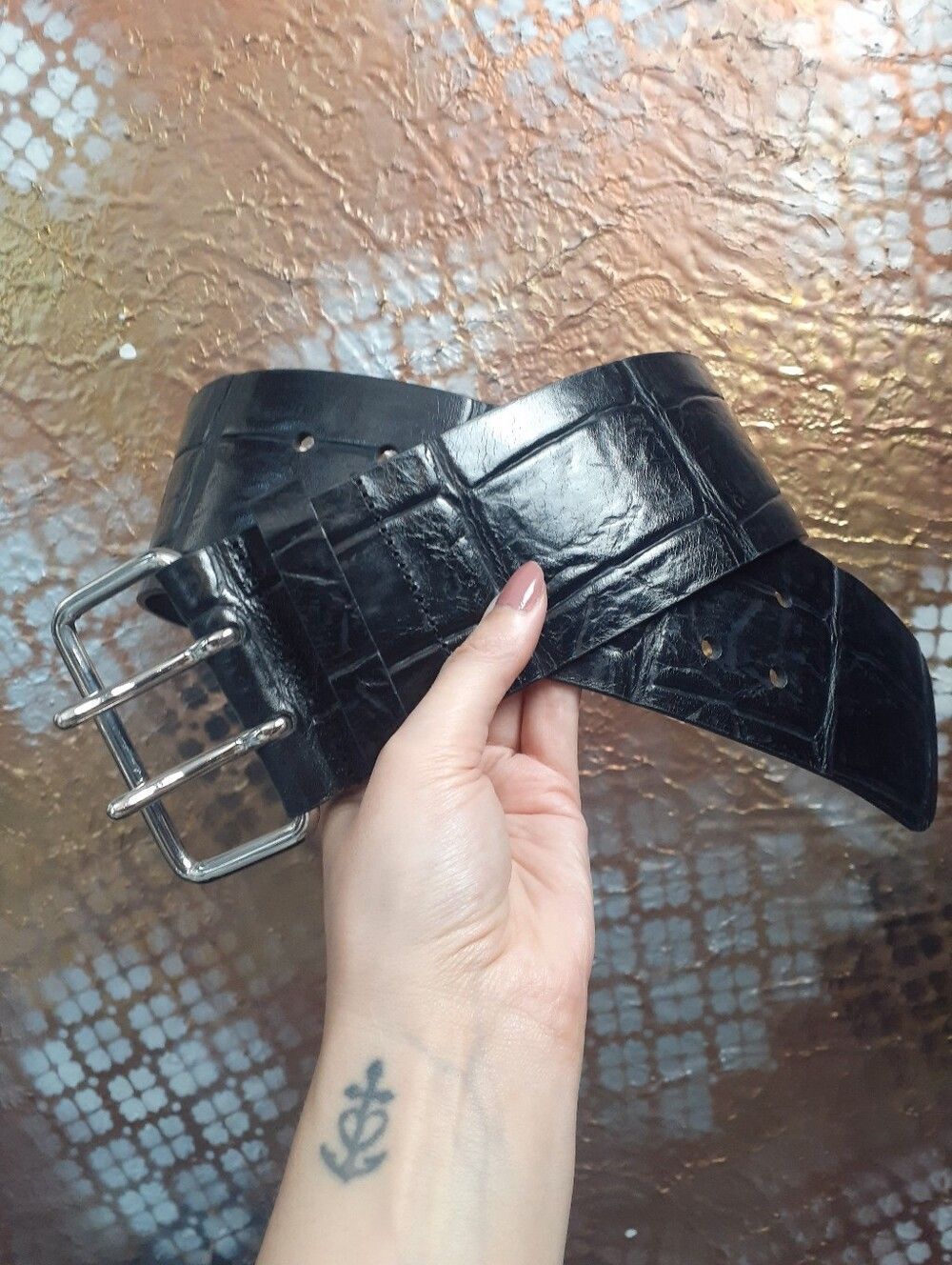 Zara Black Croc-Embossed Wide Leather Belt with Double-Prong Buckle - Picture 10 of 16